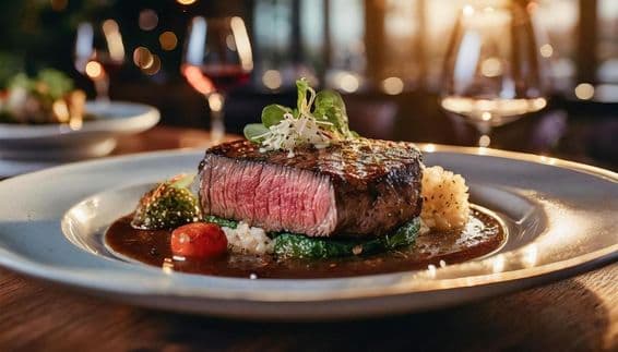 Un bistec término medio bellamente presentado.