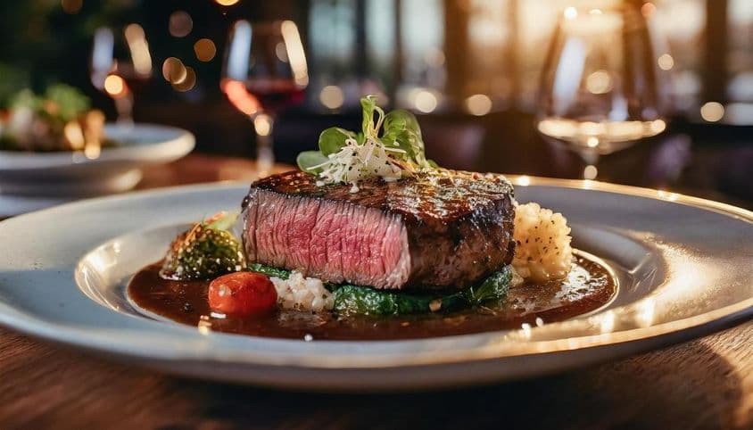 Un bistec término medio bellamente presentado.