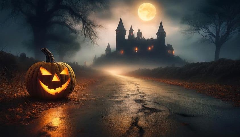 Una noche de Halloween con una calabaza tallada y brillante y un castillo embrujado de fondo.