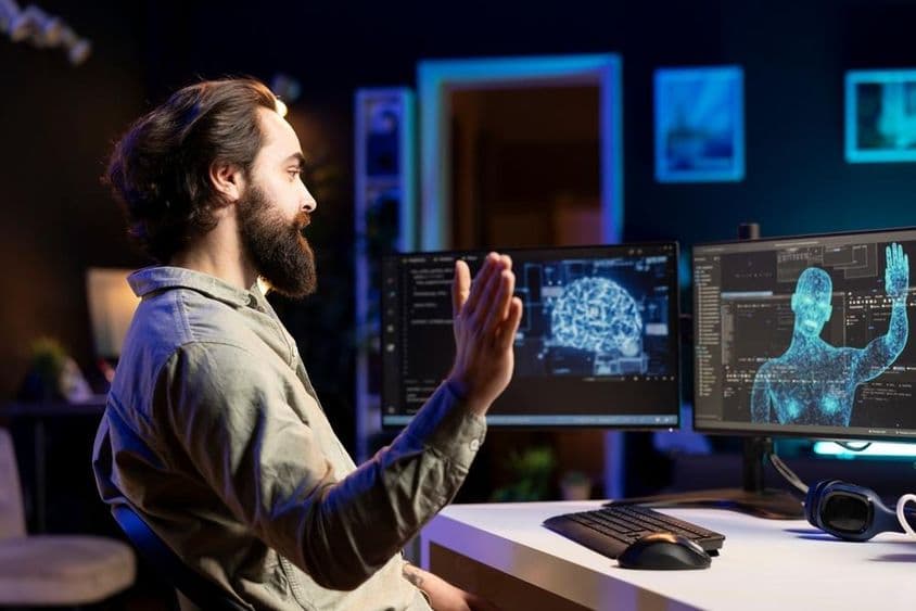 Un desarrollador programando IA mientras saluda a una silueta humana en el monitor.