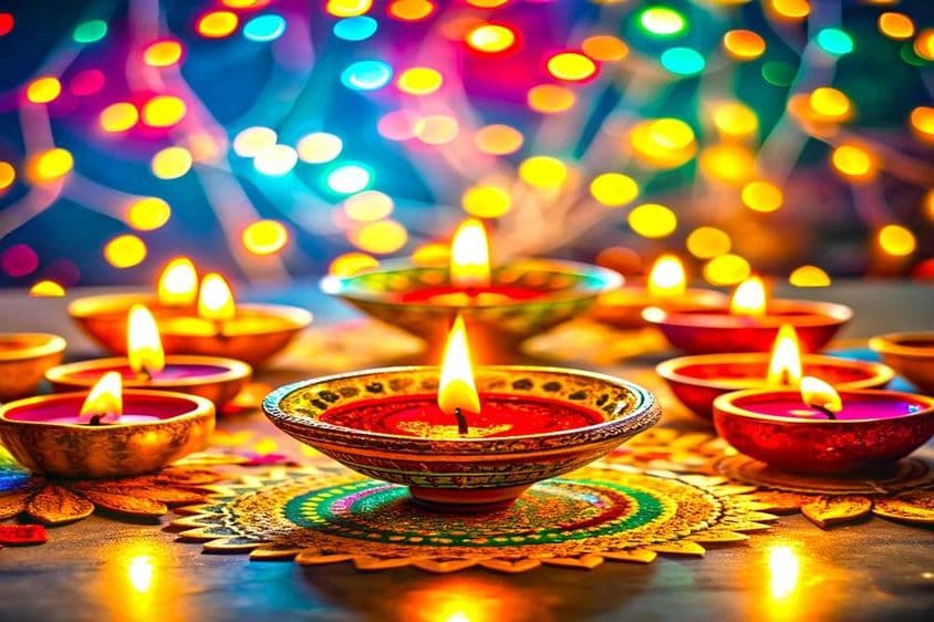 Lámparas festivas de Diwali en una mesa.