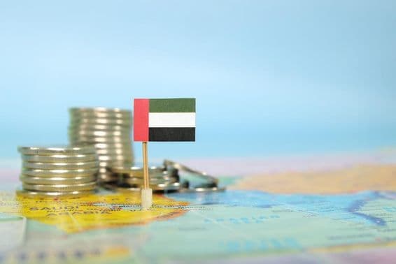 Una bandera de los EAU integrada en un mapa, con monedas apiladas al lado.