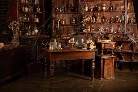 Un rincón espeluznante con telarañas, calaveras y botellas.