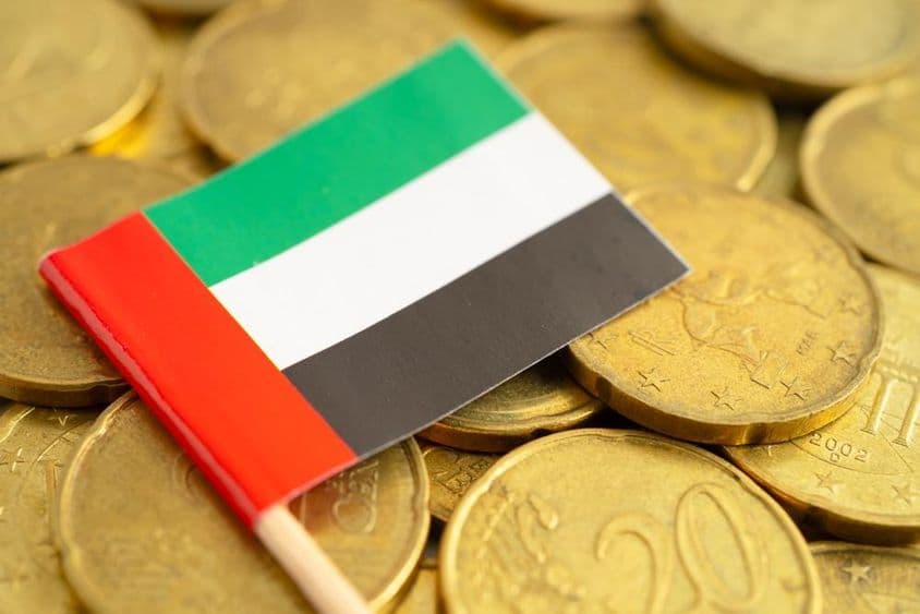 Monedas de euro con la bandera de los EAU encima.