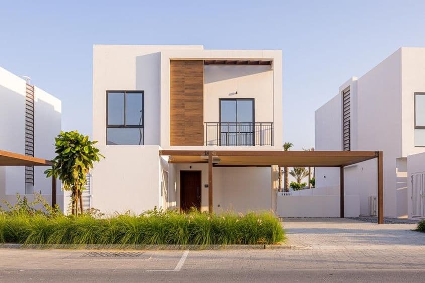 Una villa en Dubái es visible con una pequeña área verde frente a ella.