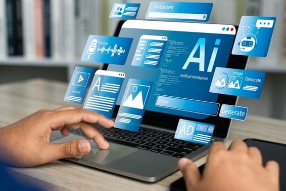 Un cuaderno que muestra un holograma de IA operado por una mano humana en el panel táctil.