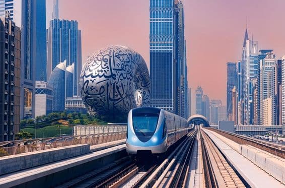 Metro de Dubái con el Museo del Futuro y rascacielos al fondo.