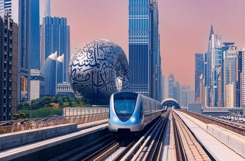Metro de Dubái con el Museo del Futuro y rascacielos al fondo.