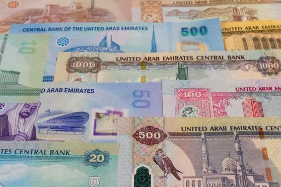 Billetes de denominación 20, 50, 100, 500, 1000 dirhams sobre una mesa.