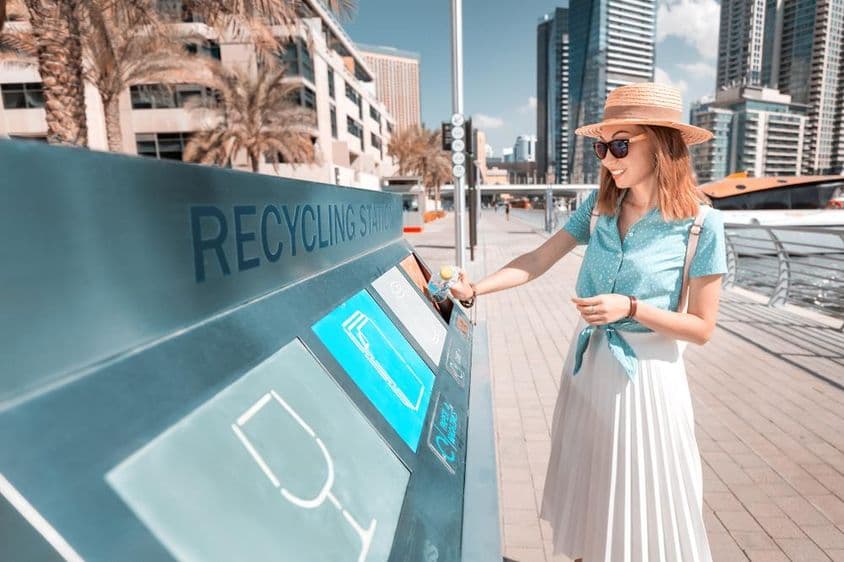 Lanzando una botella en un contenedor de reciclaje en Dubái, con rascacielos al fondo.