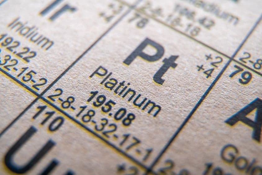 Símbolo del platino Pt número 78 en la tabla periódica.