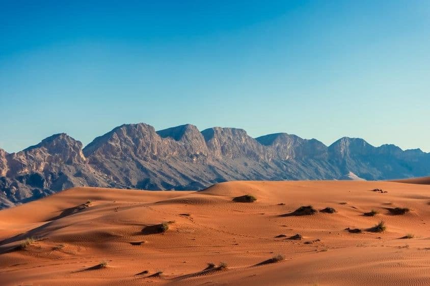 Desierto de los EAU con montañas al fondo.