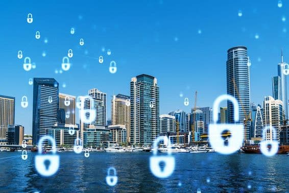 Centro de negocios de Dubái, proyectado con candados.