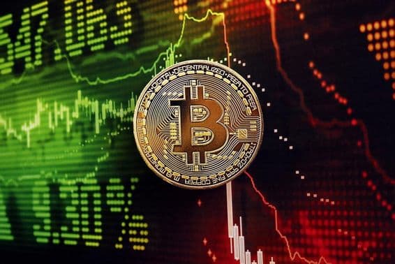 Moneda de Bitcoin con gráfico de mercado en el fondo.
