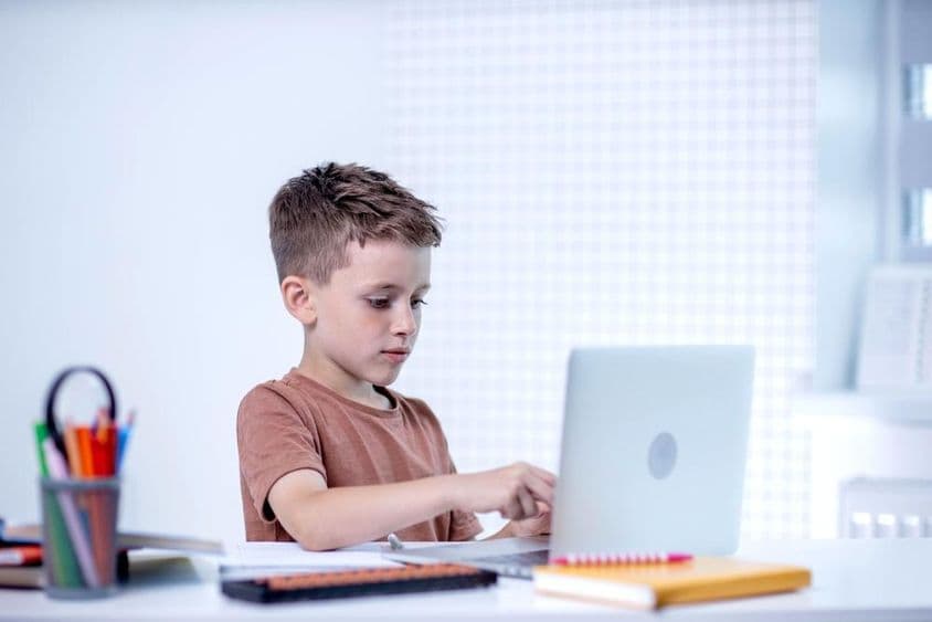 Escolar aprendiendo con una computadora.