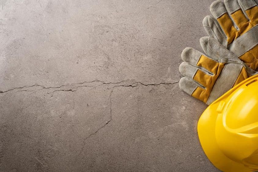 Tiempo de descanso, casco amarillo y guantes de trabajo colocados sobre una superficie de concreto agrietada.