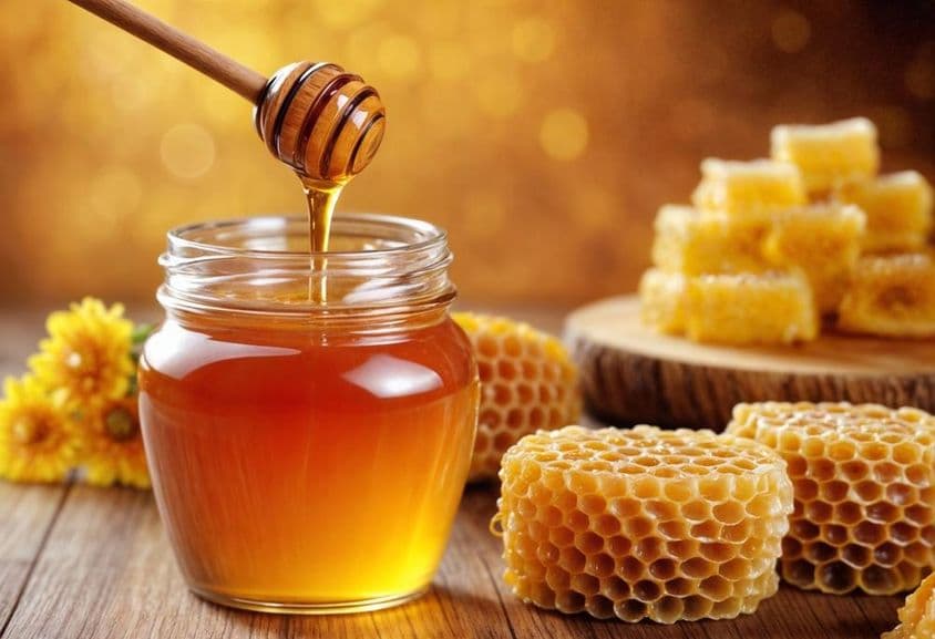 Miel orgánica natural en un frasco de vidrio, con un palito de miel y panales cercanos.