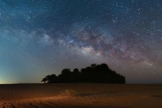 Las estrellas nocturnas llenan el cielo lechoso sobre el desierto Oasis.