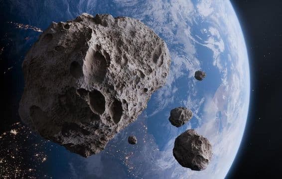 Tierra azul y asteroides en el espacio.