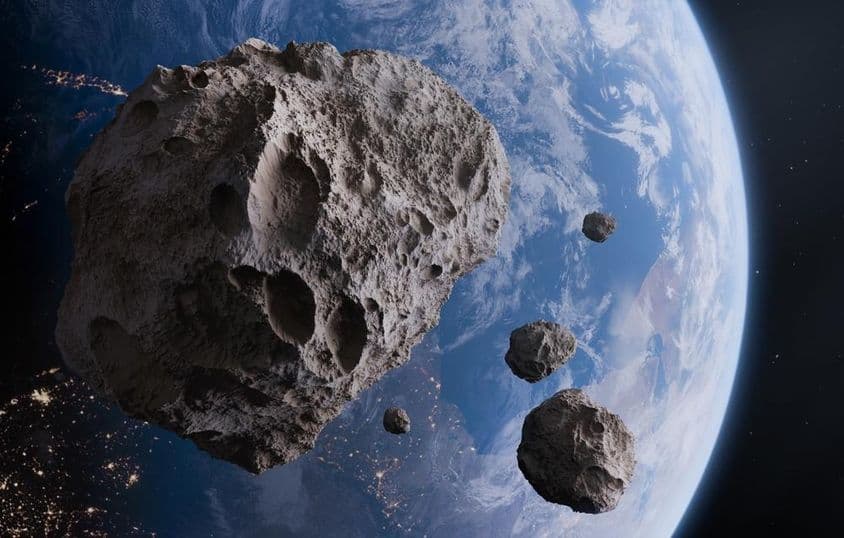 Tierra azul y asteroides en el espacio.