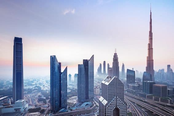 Vista aérea del centro de la ciudad de Dubái, Emiratos Árabes Unidos.