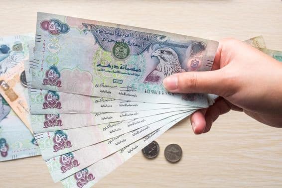 Una niña sosteniendo billetes de 500 dirhams de los EAU, dinero en papel.