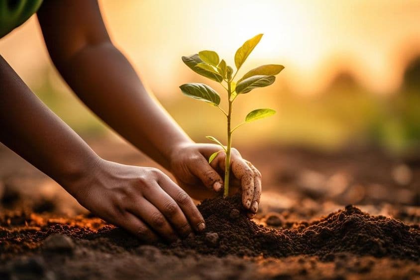 Manos humanas plantando una planta verde en el suelo.