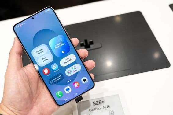 Samsung Galaxy S25+ sostenido en mano en la tienda.