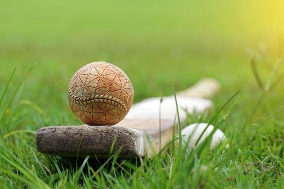 Pelota de cricket blanca y bate de cricket sobre césped.