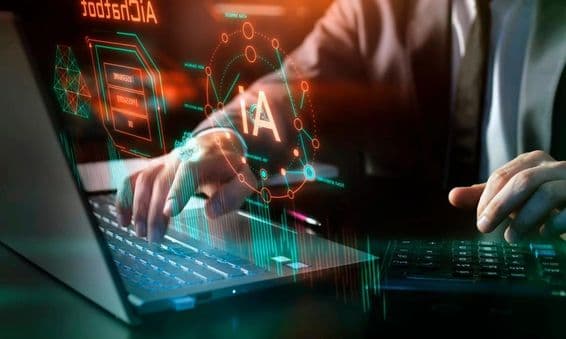 Tecnología IA, inteligencia artificial en el lugar de trabajo, elementos gráficos y digitales.