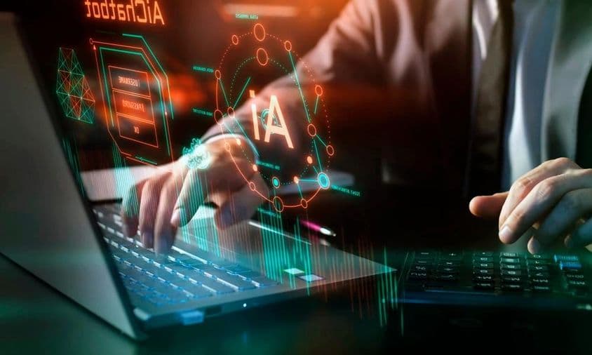 Tecnología IA, inteligencia artificial en el lugar de trabajo, elementos gráficos y digitales.