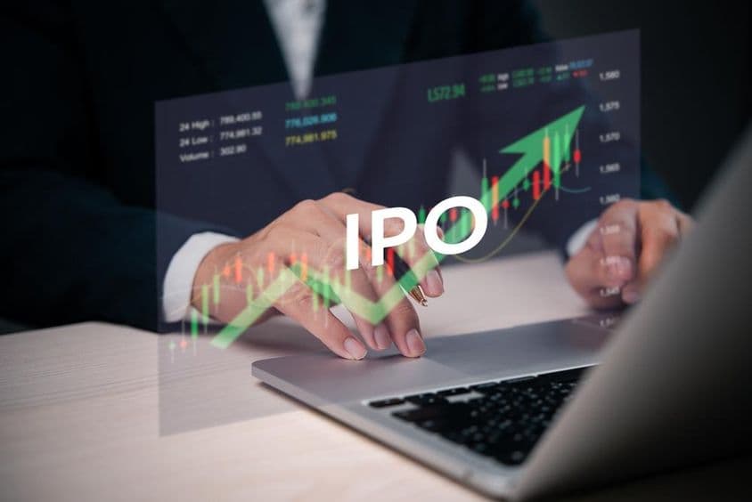Experto financiero trabajando en un portátil durante la emisión de una IPO.