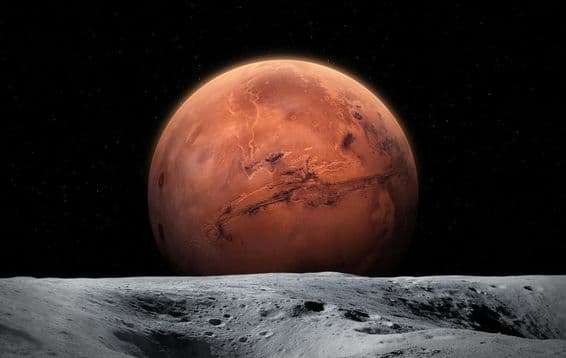 Vista del planeta Marte desde la superficie lunar.