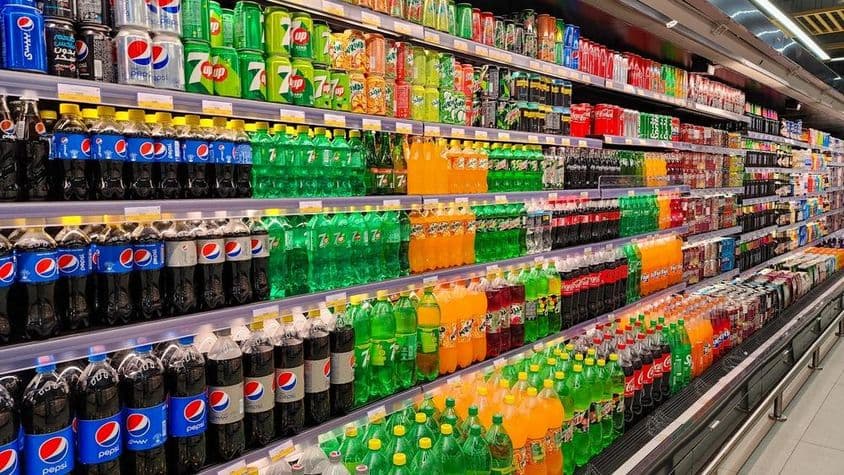 Varias bebidas gaseosas a la venta en un estante de hipermercado en Dubái.