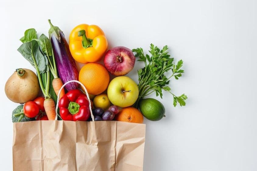 Comida saludable en una bolsa de papel, verduras y frutas.