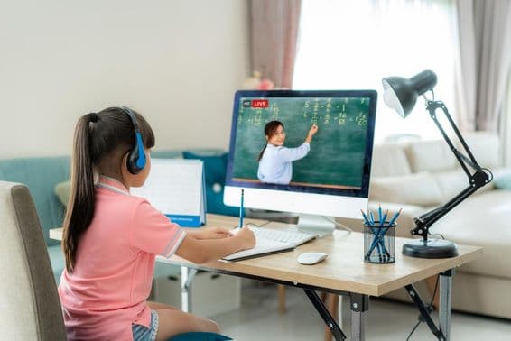 Escolar aprendiendo a través del aprendizaje en línea, utilizando educación online.