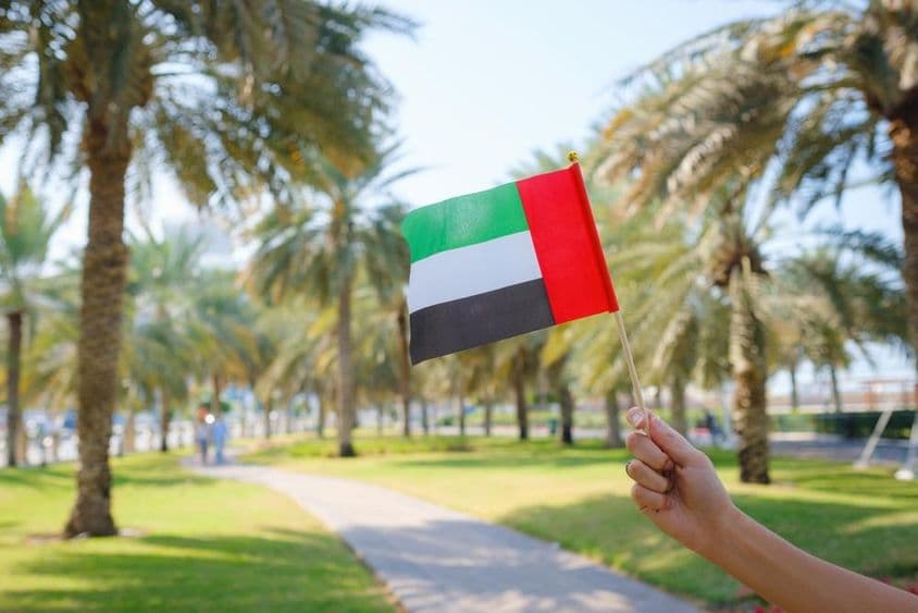 La mano de una mujer sosteniendo una bandera en miniatura de los Emiratos Árabes Unidos en un parque de Abu Dhabi.