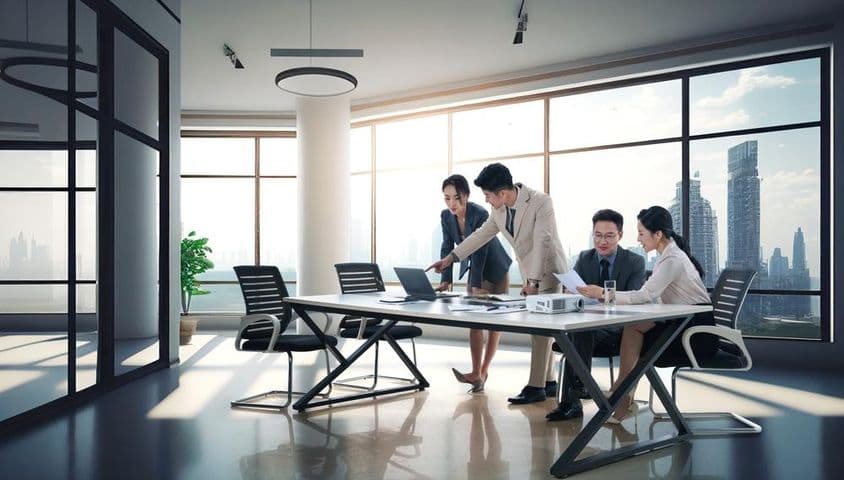Empresarios discutiendo trabajo en una oficina.