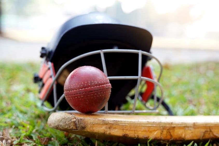 Equipo de cricket con una bola de cricket, un bate y un casco sobre césped.