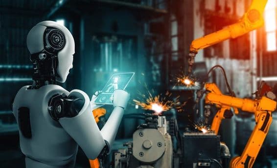 Inteligencia artificial supervisando brazos robóticos durante un proceso de ensamblaje en la línea de producción.