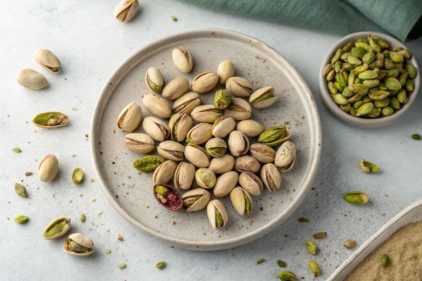 Pistachos en un plato plano, vista cercana.