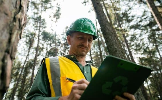Ingeniero ambiental tomando notas en un bosque.