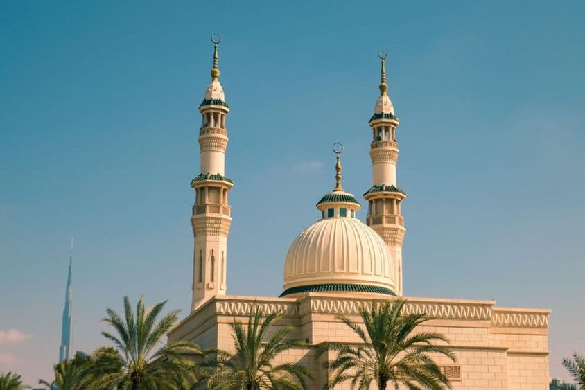 Mezquita Jumeirah rodeada de palmeras bajo el sol, Dubái.