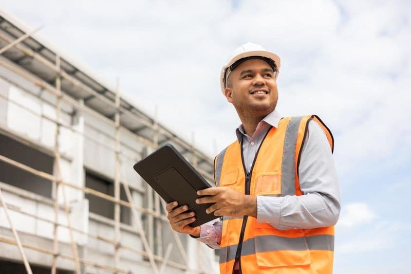 Ingeniero asiático utilizando una tableta para verificar la construcción.