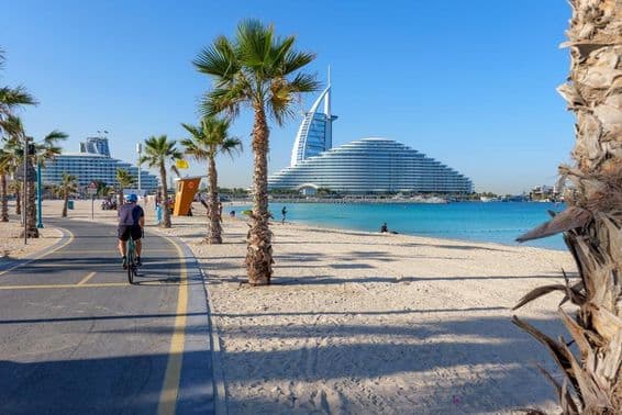 Vista del Burj Al Arab a lo largo de un camino para bicicletas bordeado de palmeras en Kite Beach Dubai.