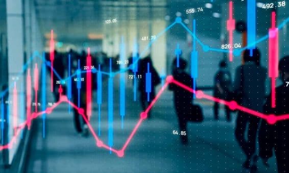 Gráfico financiero, personas caminando.