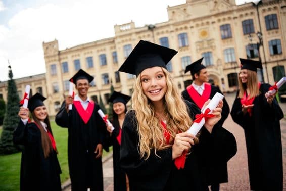 Jóvenes graduados alegres celebrando logros académicos al aire libre.