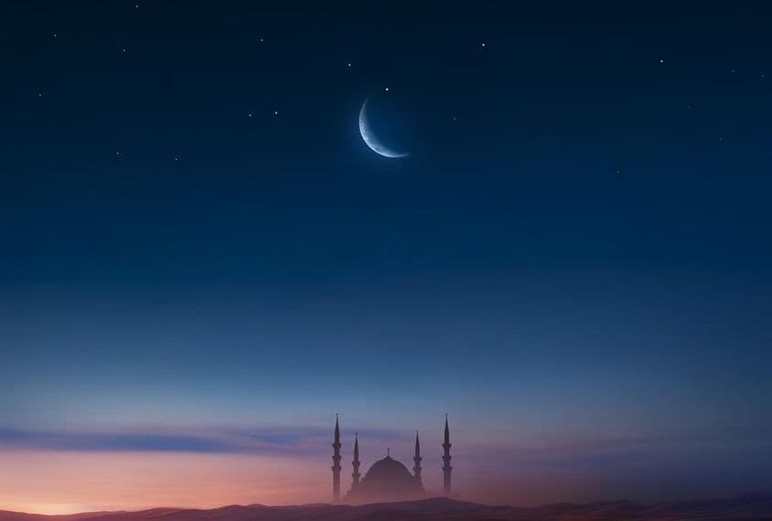 Mezquita al atardecer con luna en el cielo.
