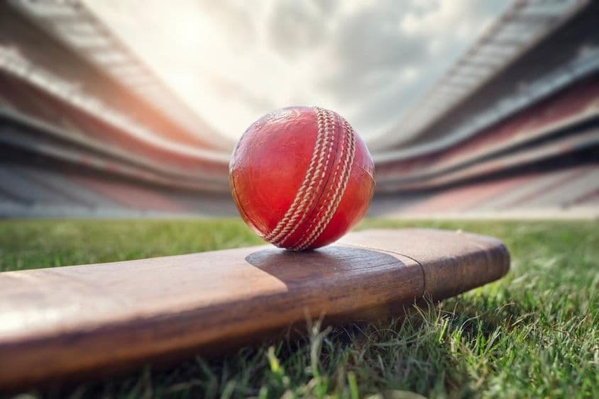 Pelota de críquet sobre un viejo bate de críquet de madera.