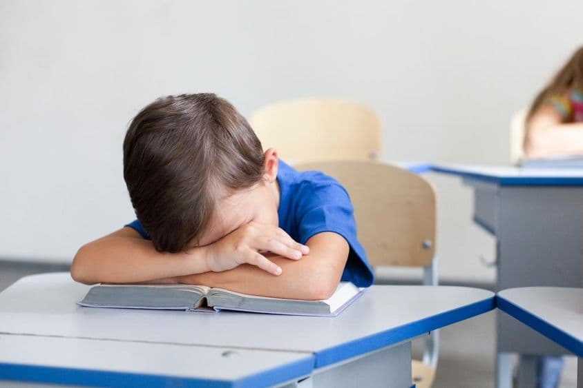Niño escolar durmiendo durante una clase aburrida.
